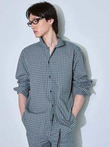 Рубашка в клетку бежево-синяя