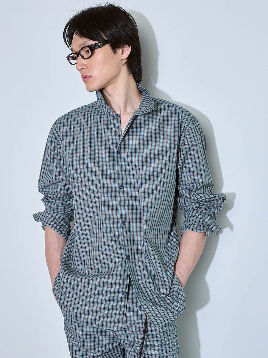 Рубашка в клетку бежево-синяя