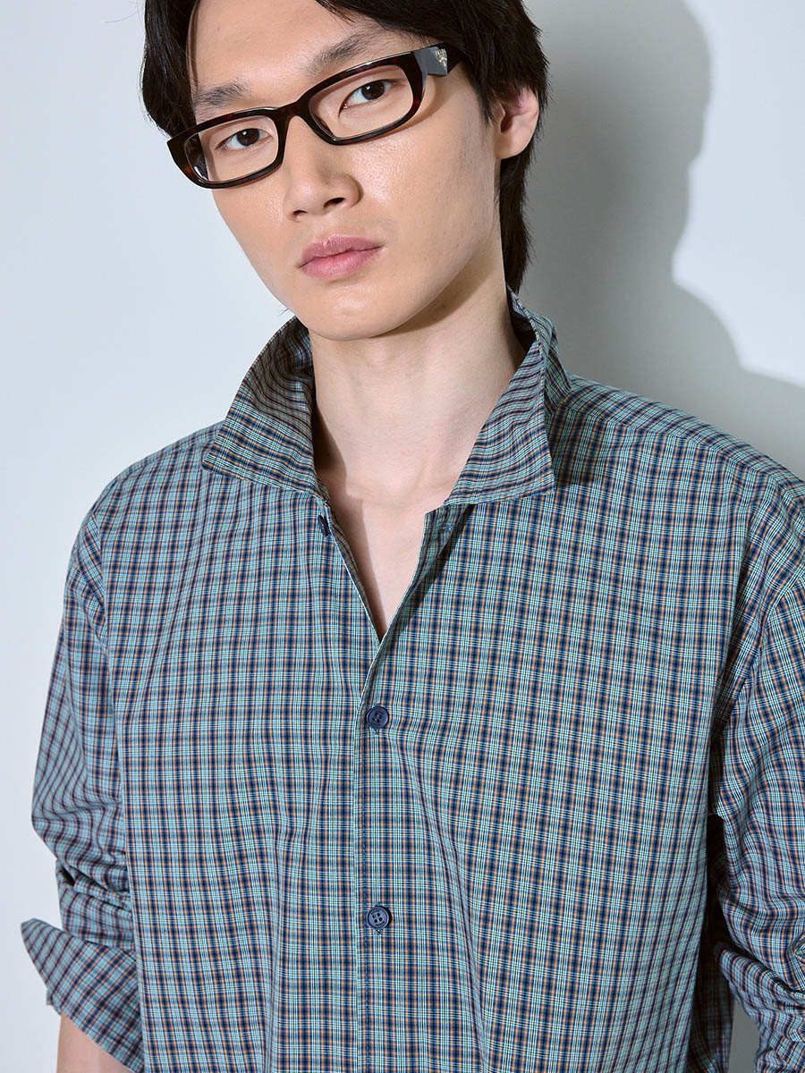 Рубашка в клетку бежево-синяя